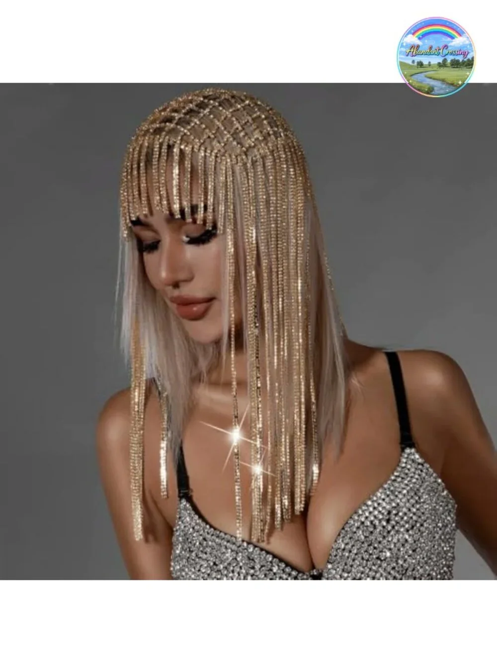 Long Rhinestone Headpiece Cap 1920s Flapper Tassel Crystal Head Chain Gatsby
